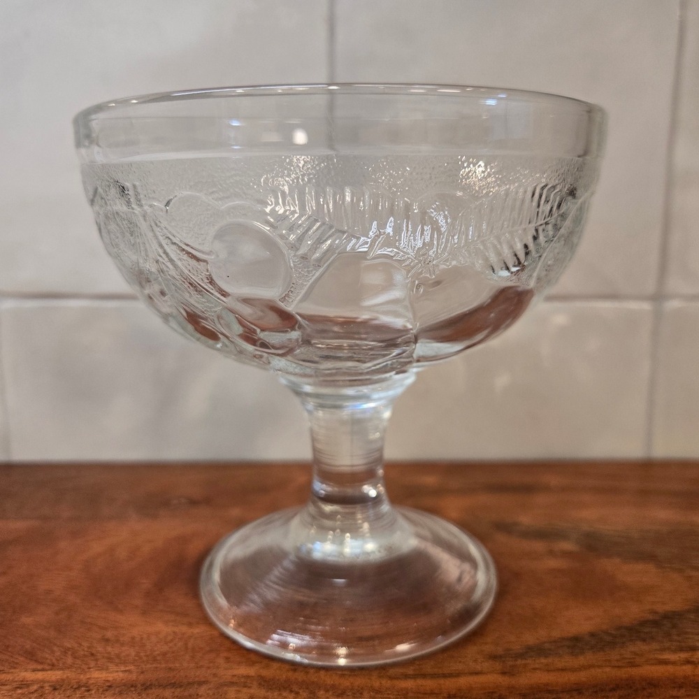 Vintage French Clear Pressed Glass Footed Dessert Coupe Embossed Leaf Berry Bowl